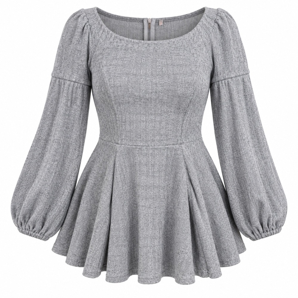 Luxxel Womens Large Gray Textured Knit Skater Mini Dress Bishop Sleeve Lined